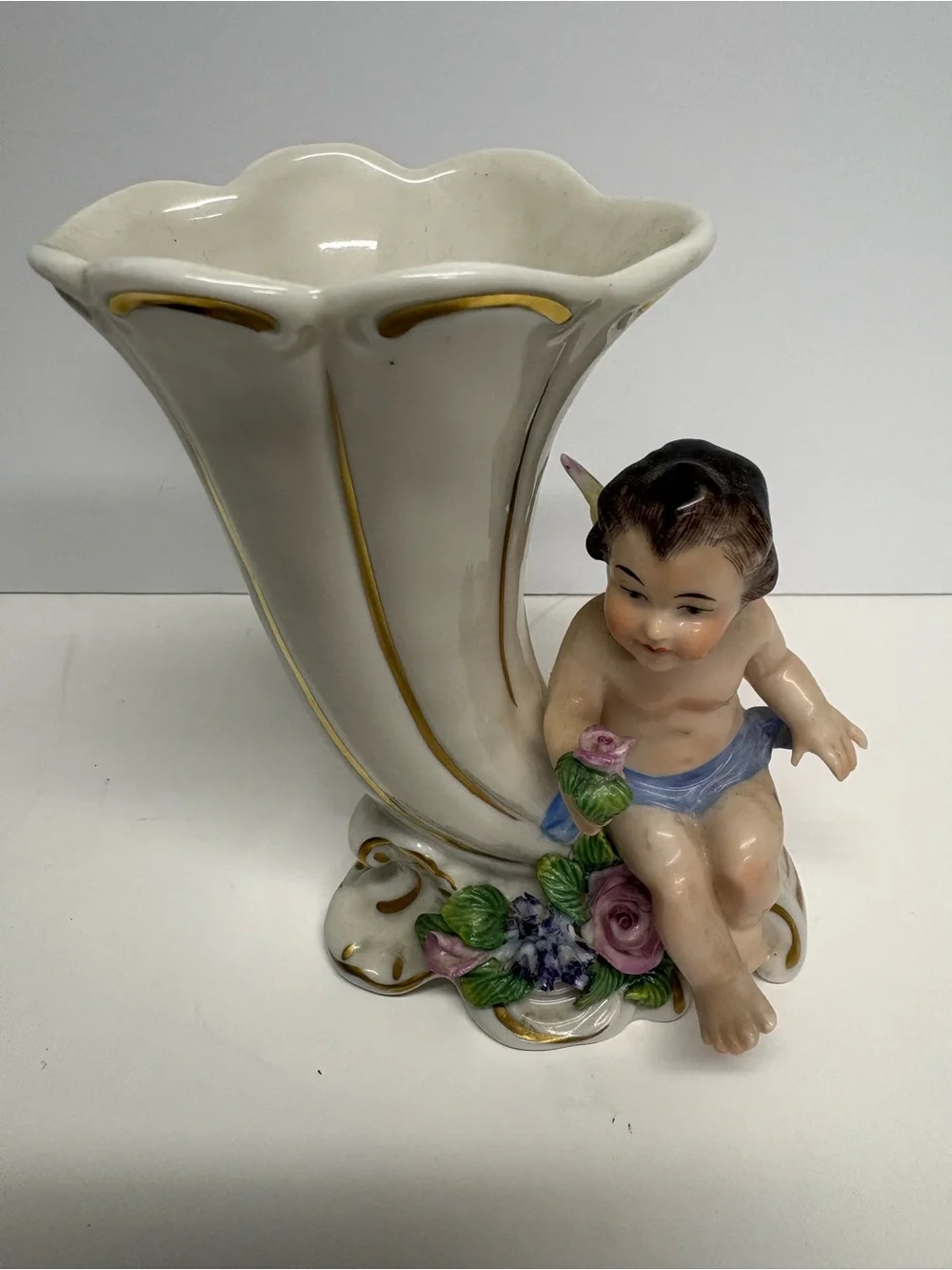 Vintage Porcelain Cherub Cornucopia Vase in White and Gold